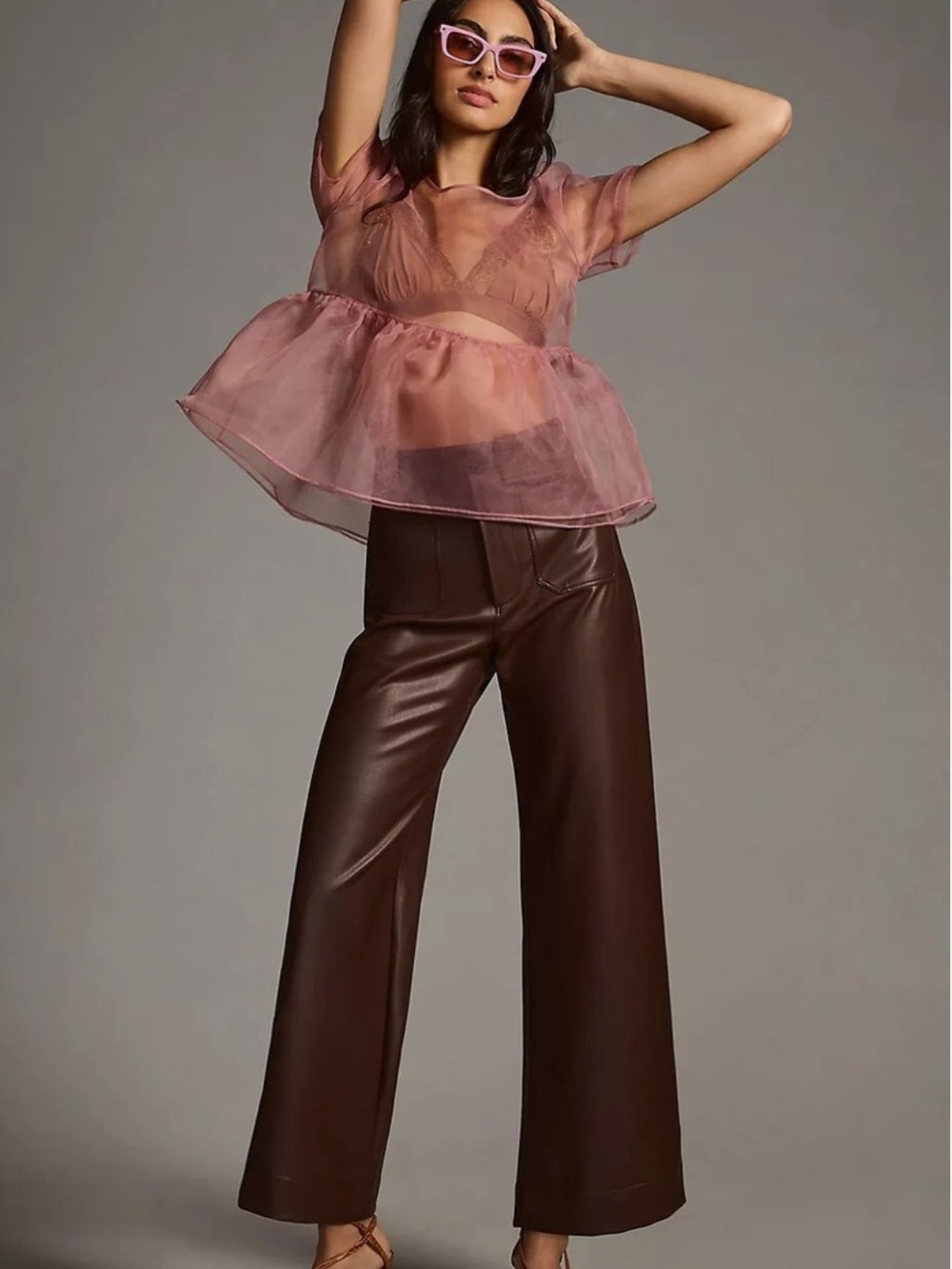 Anthropologie Maeve The Colette Dark Brown Faux Leather Wide Leg Pants Size 29